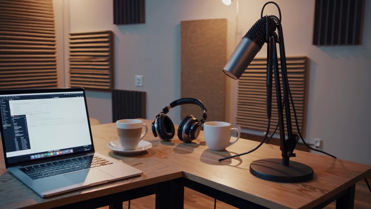Una comoda configurazione per podcast con un laptop, un microfono e delle cuffie su un tavolo di legno