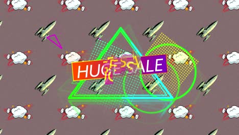 huge sale text against rocket and speech bubble icon