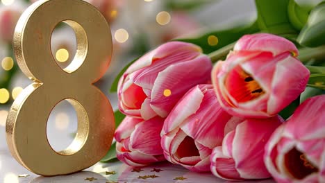 international women's day celebration with golden 8 and pink tulips