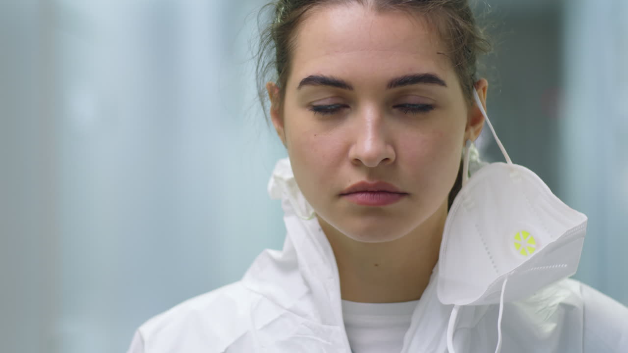 retrato de una joven doctora en traje de protección en la clínica