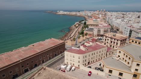 Toma-Aérea-De-Drones-De-La-Ciudad-De-Cádiz-Con-Vista-A-La-Zona-Costera-Y-La-Antigua-Catedral,-Cádiz,-España