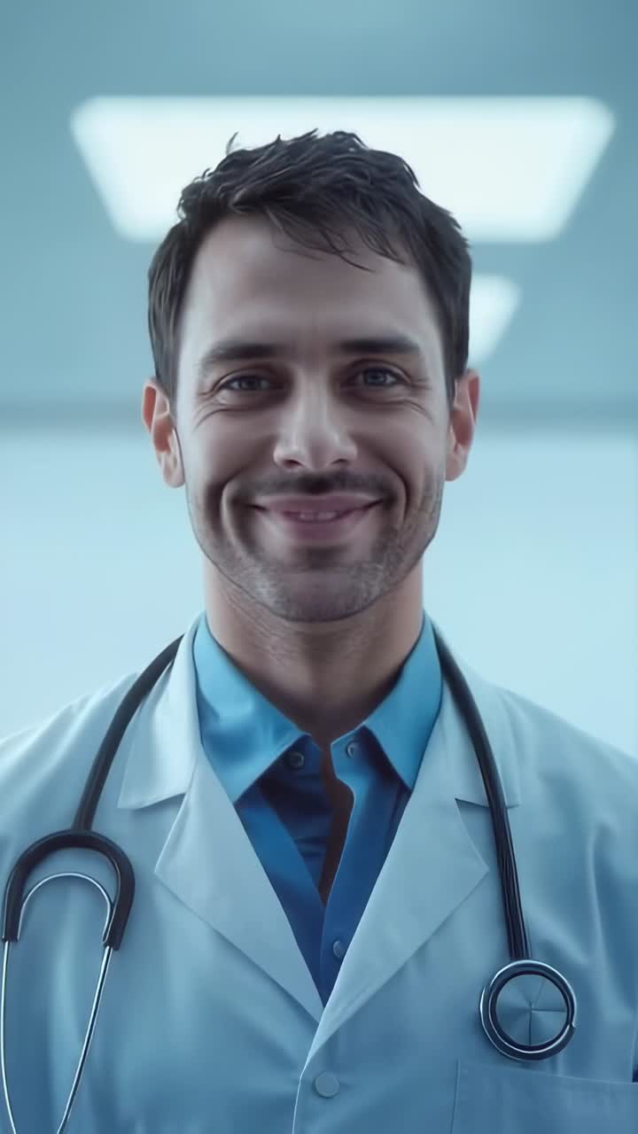 Vídeo vertical: médico sorrindo respondendo à gravação da câmera em clínica com jaleco e estetoscópio