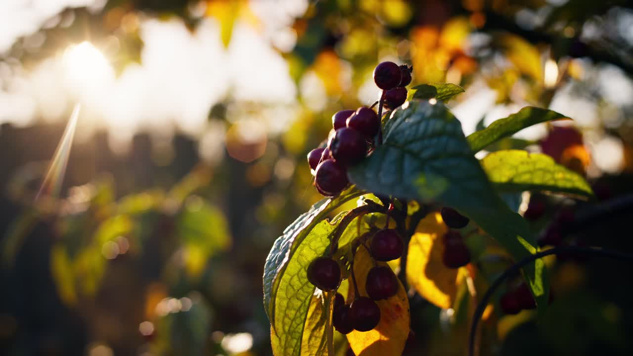 Primo piano di bacche selvatiche su un ramo frondoso, retroilluminato dalla calda luce solare con bokeh delicato. La profondità di campo ridotta e la luminosità cinematografica creano un sereno sfondo autunnale naturale.