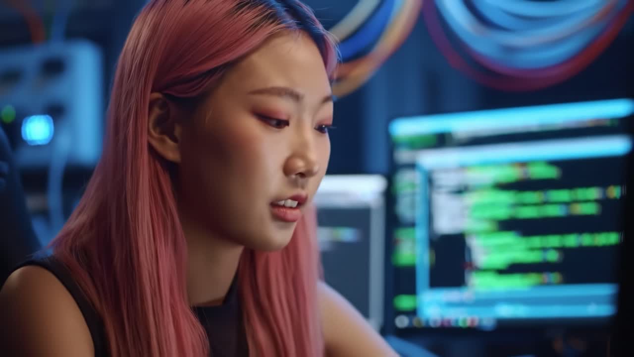Focused on Coding: A Young Woman with Pink Hair Engaged in Programming Amidst a Tech Environment with Computer Screens Displaying Code