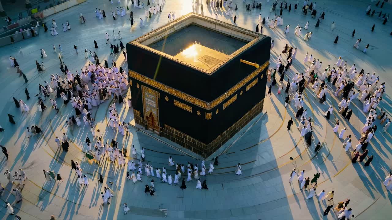 Aerial video captures pilgrims circling the Kaaba, showcasing spiritual devotion