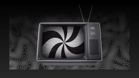 animation of rotating radial black and white stripes on retro tv over black and white contour lines