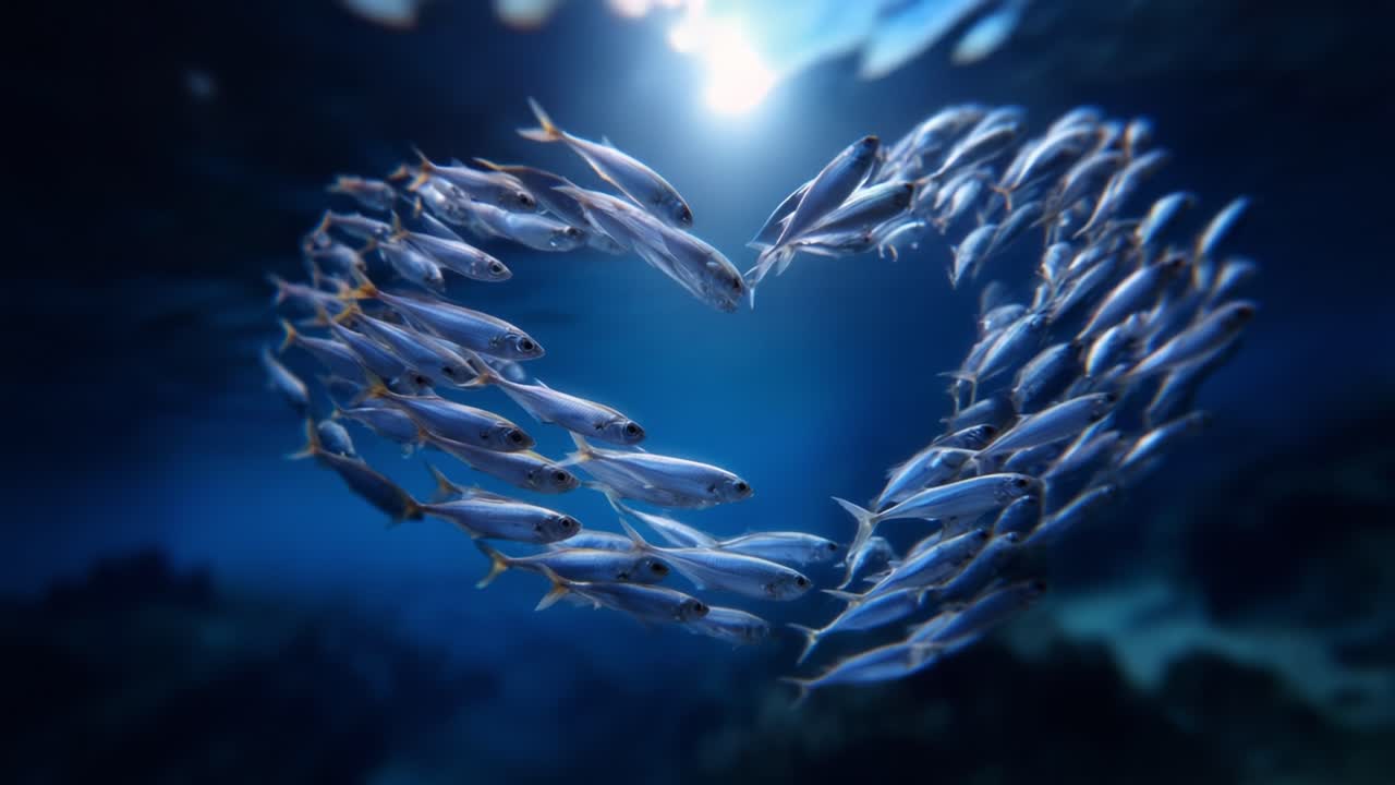 A Stunning Display of Underwater Harmony: Fish Forming a Heart Shape in the Ocean's Depths, Capturing the Beauty of Marine Life and Nature's Elegance