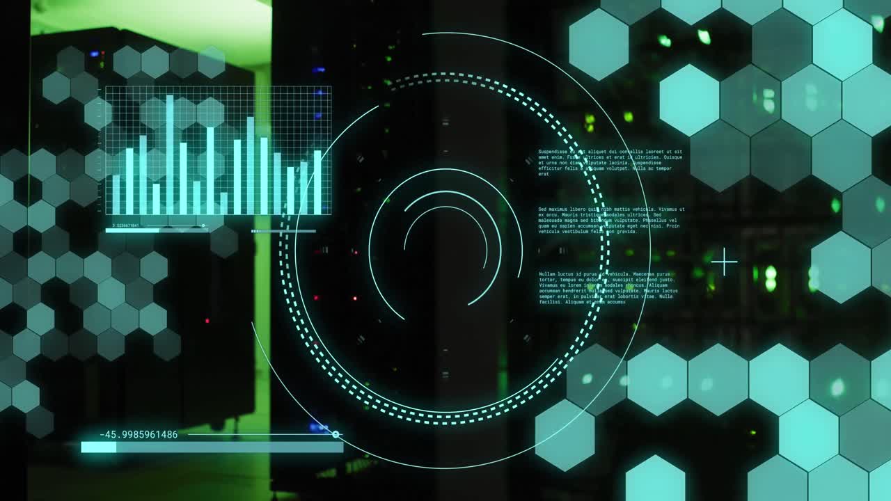 animación del procesamiento de datos y escaneo de alcance sobre la sala de servidores