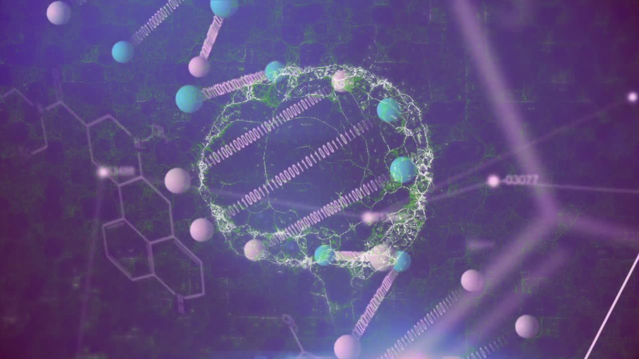 Binary coding animation with digital network and molecular structures visualized