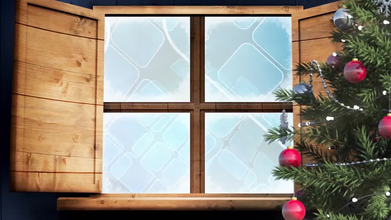 Christmas tree and wooden window frame against multiple blue square shapes on blue background