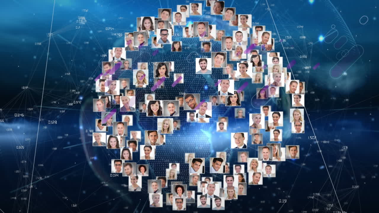 사용자 아이콘으로 만들어진 회전하는 지구 위의 보라색 모양의 애니메이션