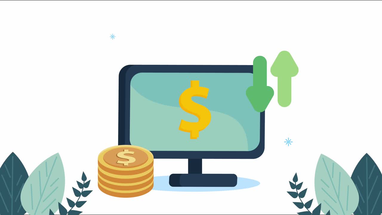 animación de comercio electrónico con escritorio y monedas