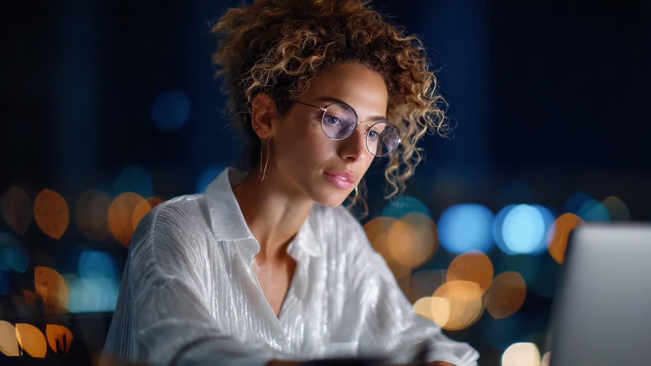 Focused Woman in Glasses Working Late at Night with Laptop and Soft Bokeh Background, Embracing Nighttime Productivity and Concentration