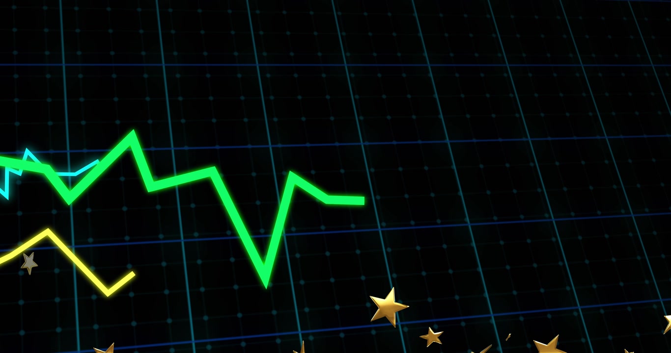 Neon green line entering from left tracing jagged trend as gold stars clustering, visualizing data