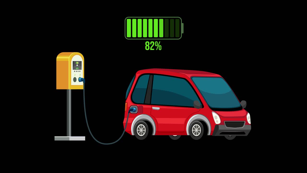 Animation of a red electric car charging from 0% to 100% on a black background