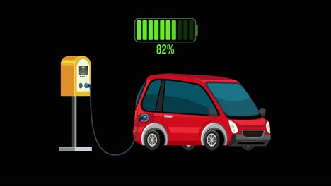 animation of a red electric car charging from 0% to 100% on a black background