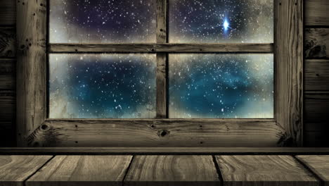 animation of wooden window frame with christmas snow falling and shooting star outside