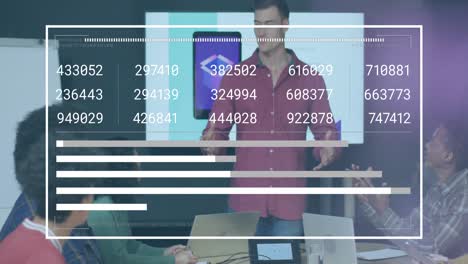 Animation-of-interface-with-data-processing-against-caucasian-man-giving-a-presentation-at-office