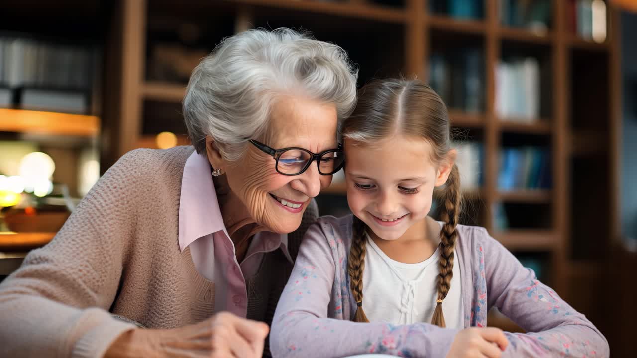 Grandmother wearing glasses and her granddaughter are drawing together at a table, enjoying quality time and creating art in a cozy home environment