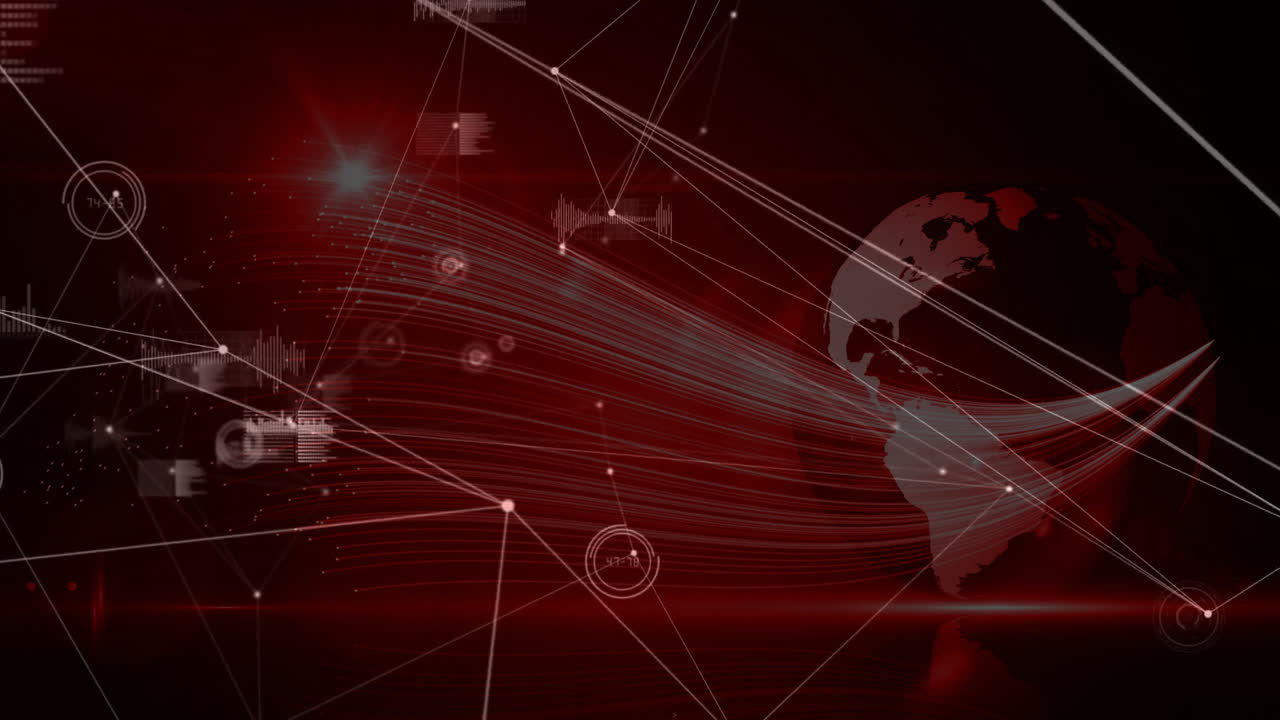 Animation of digital network connections and data visualization on red world map