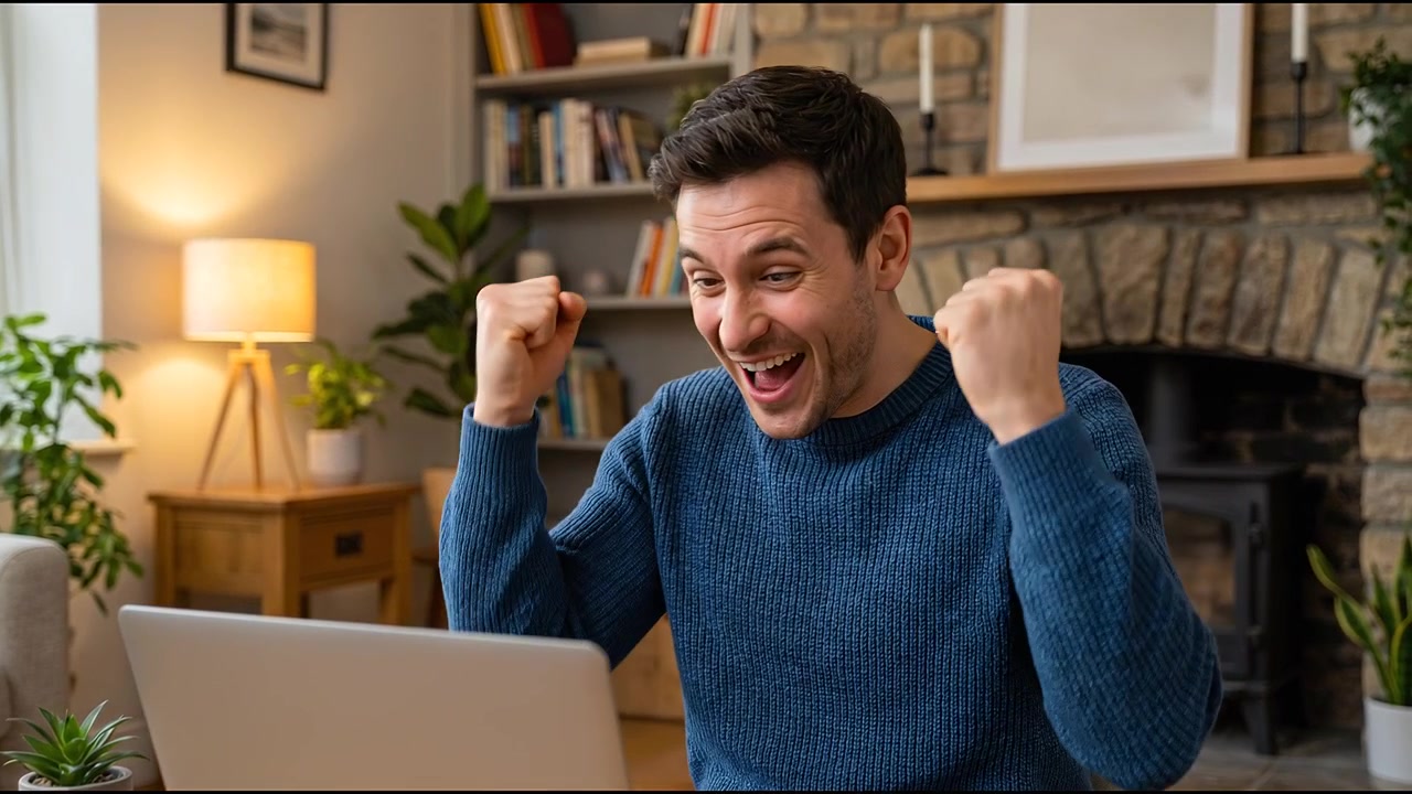 Homem Entusiasmado Comemora o Sucesso Enquanto Olha para o Laptop em Casa