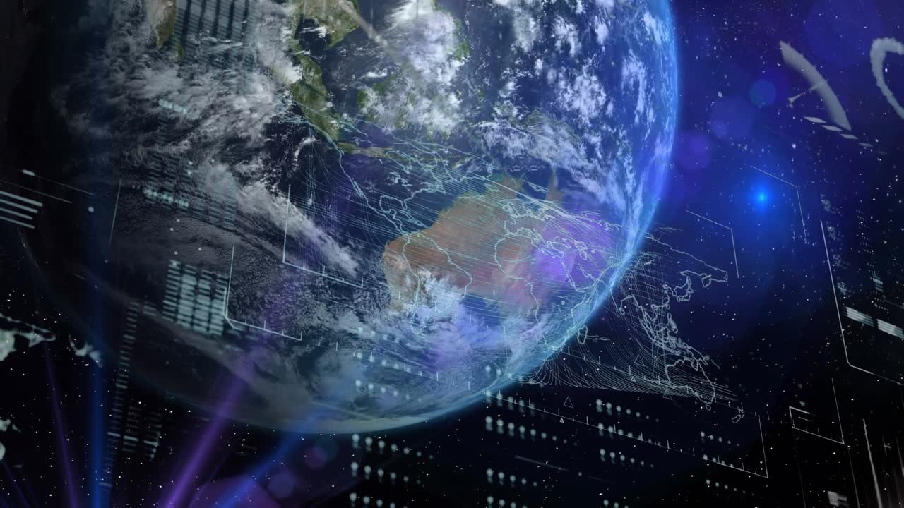 Animation of data processing over globe on black background