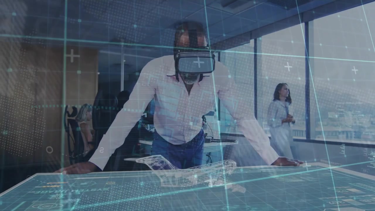 Man putting on VR headset, rotating hologram airplane for aviation review as colleague watching