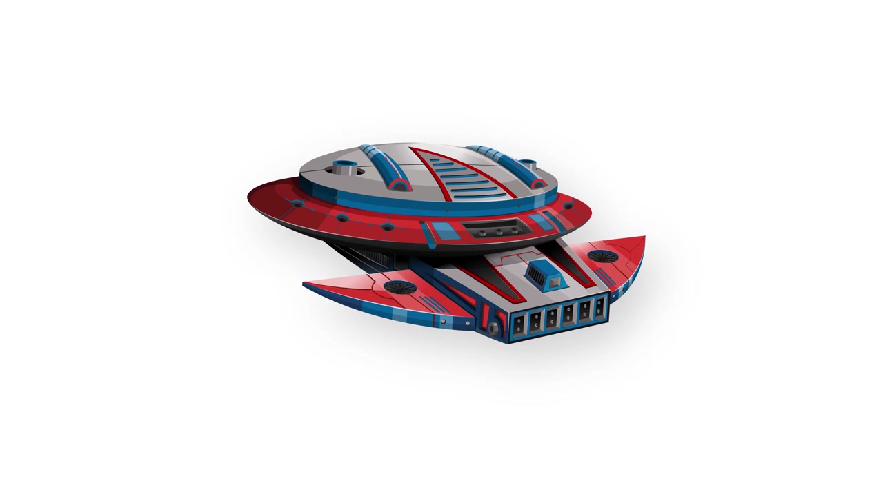 Animated Retro Style Spaceship Flying Against White Background