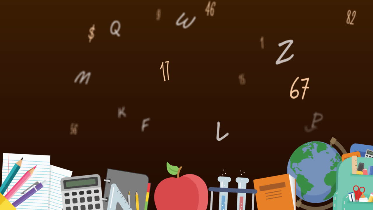 iconos y letras animadas de la escuela flotan sobre un fondo negro, simbolizando la educación.