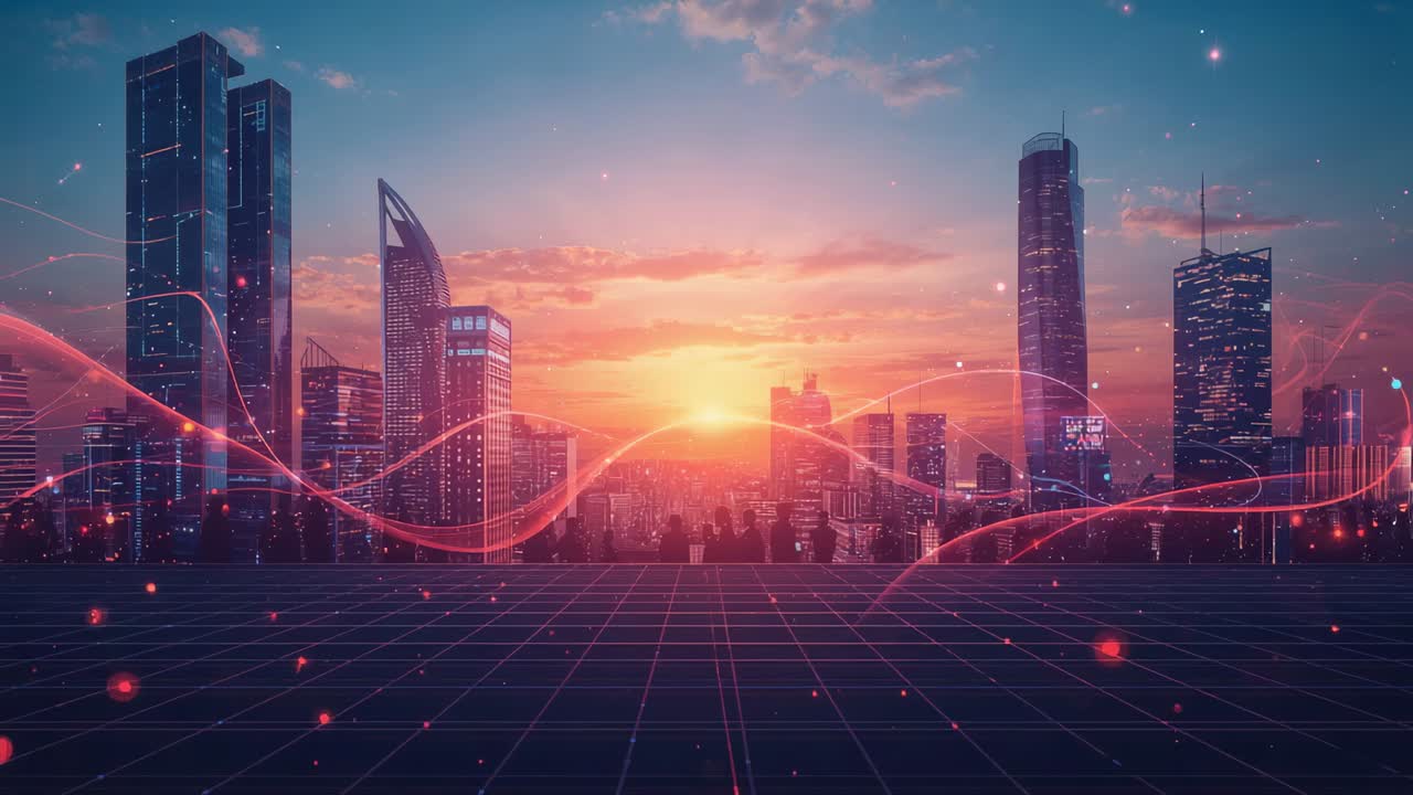 Sunset lowering causing towers glowing and neon ribbon drifting over tiled grid platform, glows