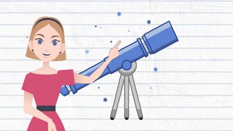 animación de una mujer hablando sobre el icono del telescopio