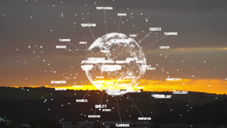 animating global network and business keywords over sunset landscape
