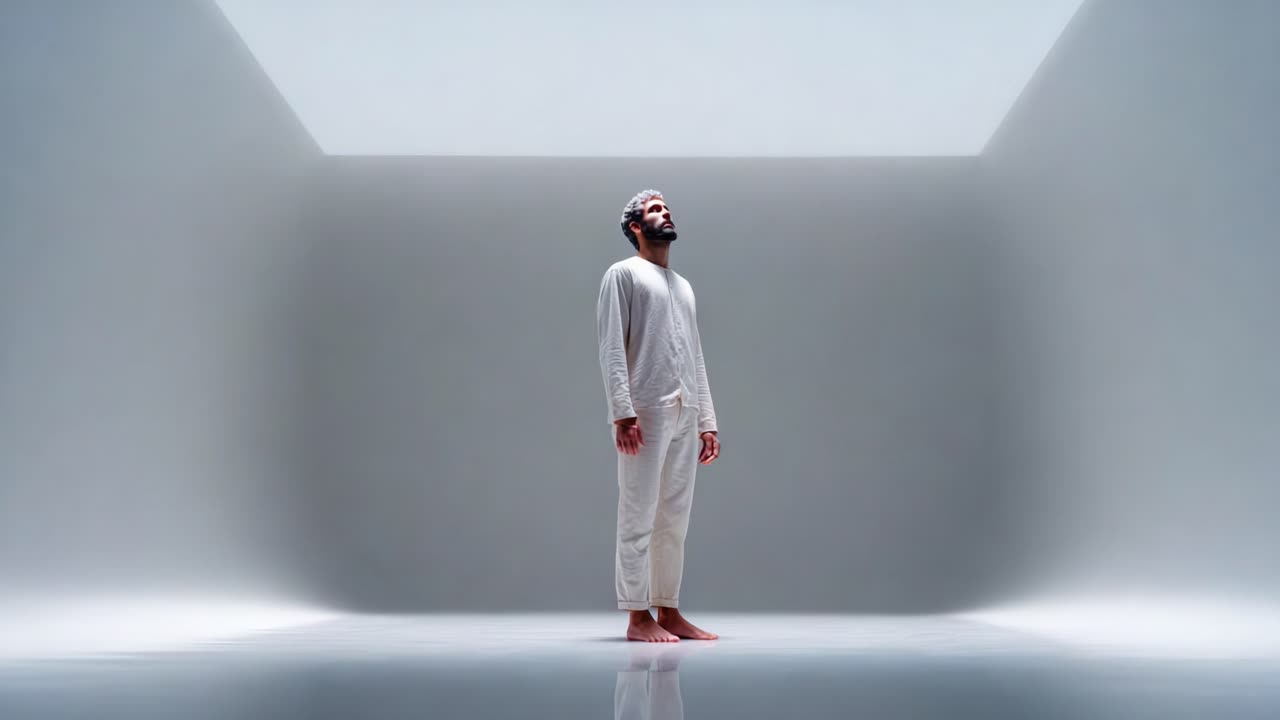 A solitary figure stands in a minimalistic, illuminated space, gazing thoughtfully toward a beam of light, embodying themes of introspection and existential exploration