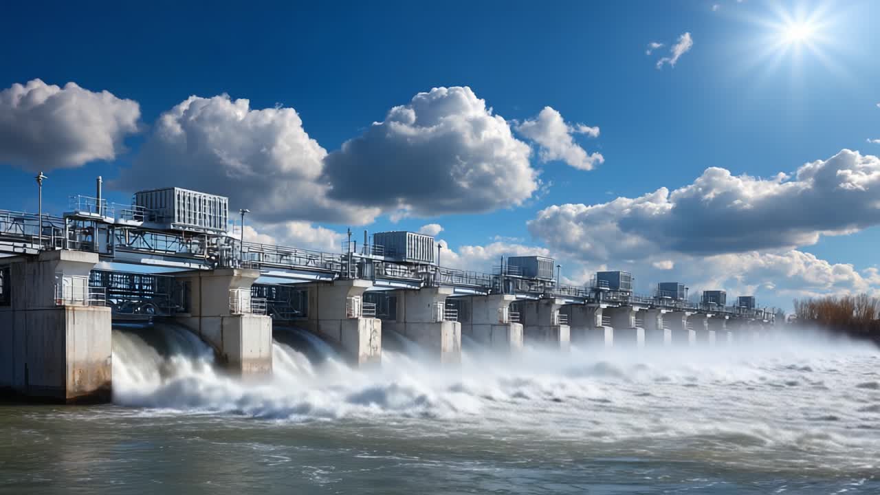 A Stunning View of a Hydroelectric Dam Basking Under the Brilliant Sunlight with Overflowing Water Creating a Beautiful Scenic Landscape