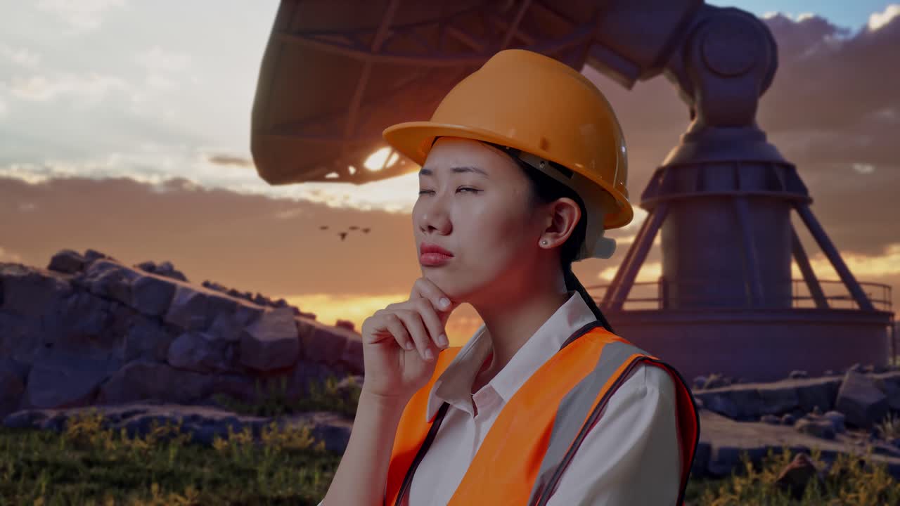 Close Up Side View Of Asian Female Engineer With Safety Helmet Thinking About Something And Looking Around While Standing With Large Satellite Dish