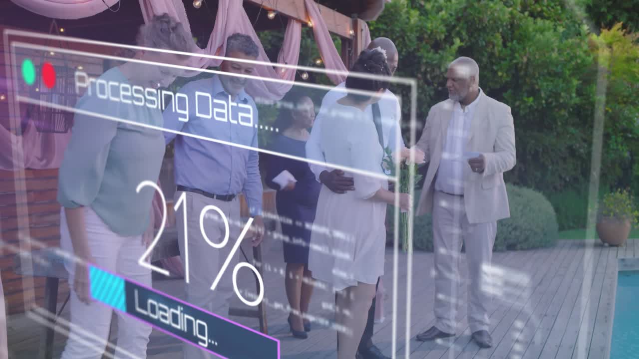 Woman with bouquet, man in tie congratulating on deck, initiating tech HUD reaching 100% and fading