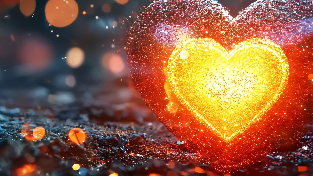 A heart made of glowing lights is on a dark surface. The heart is surrounded by a lot of light, making it stand out. Concept of warmth and love, as the heart is a symbol of affection