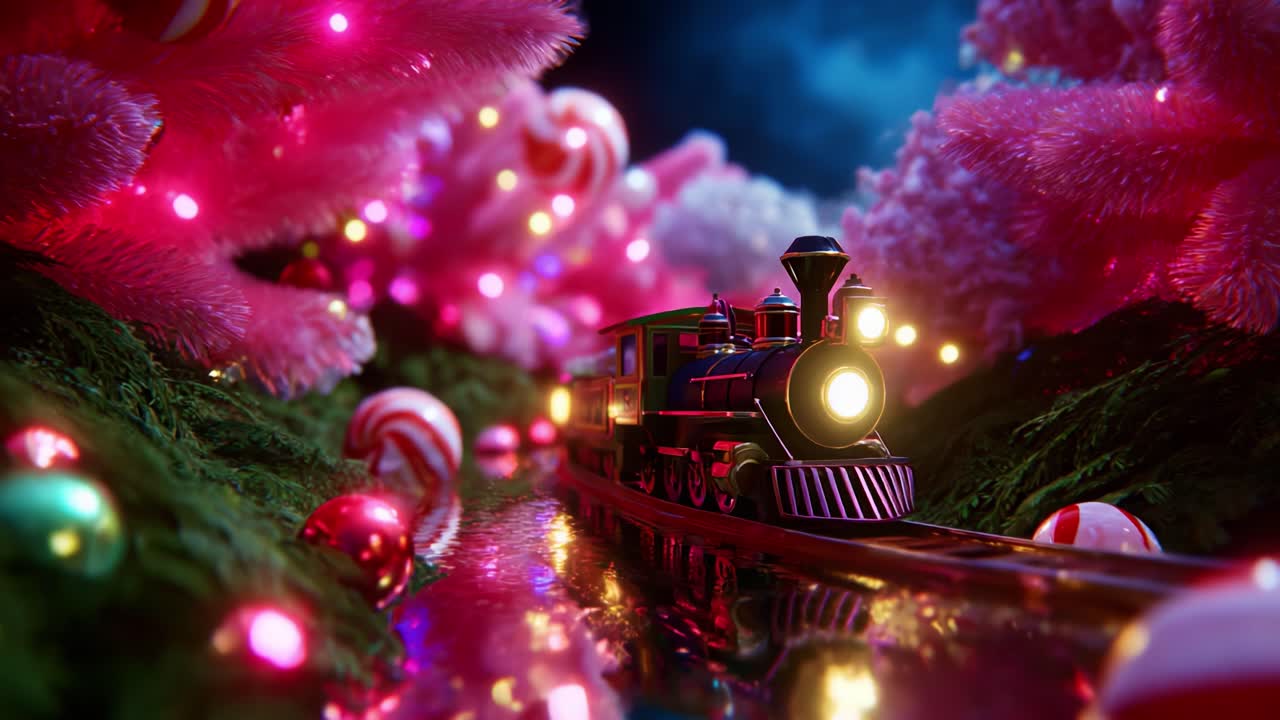 A whimsical candyland scene featuring a vibrant train journeying through a fantastical landscape filled with colorful sweet trees, glimmering lights, and shimmering reflections on a serene water surface