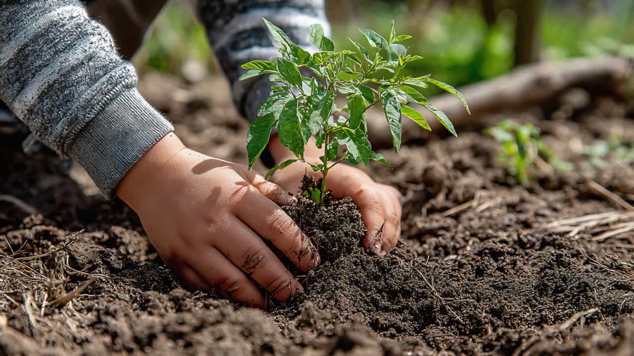 Nurturing Growth: A Young Gardener Carefully Plants a Seedling in Rich, Fertile Soil, Demonstrating the Beauty and Importance of Nature and Sustainable Practices