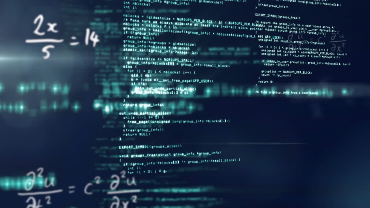 Computer code and mathematical equations animation over dark background