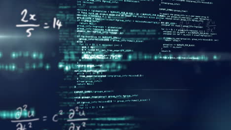 código informático y ecuaciones matemáticas animación sobre fondo oscuro