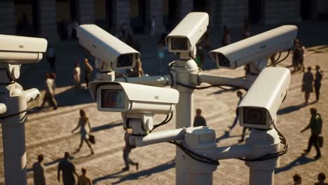 surveillance in urban space: a captivating exploration of modern security cameras overlooking a bustling pedestrian area
