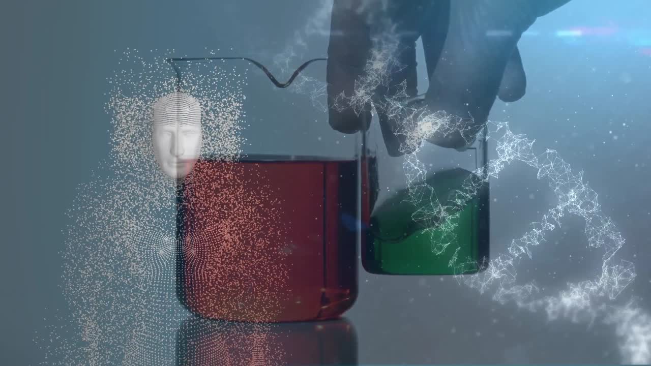 animación del modelo del cuerpo humano y la estructura del adn en la mano sosteniendo un vaso lleno de productos químicos
