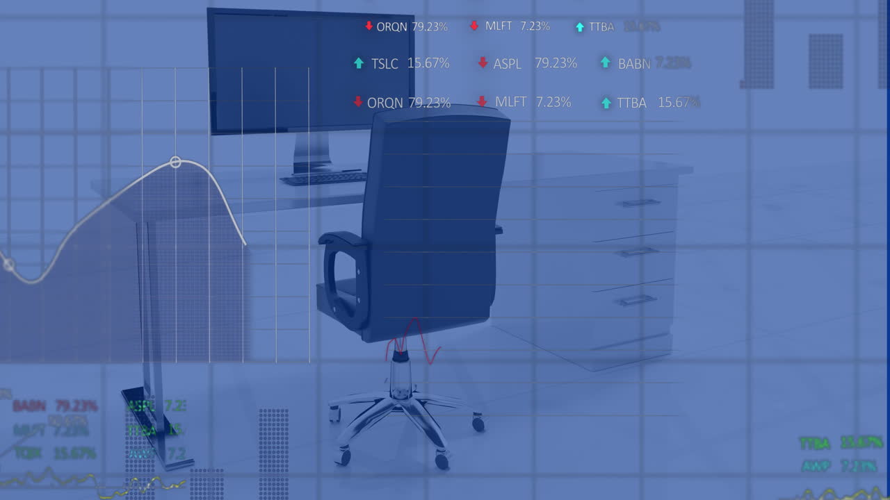 Animation of financial data processing over office with computer on desk