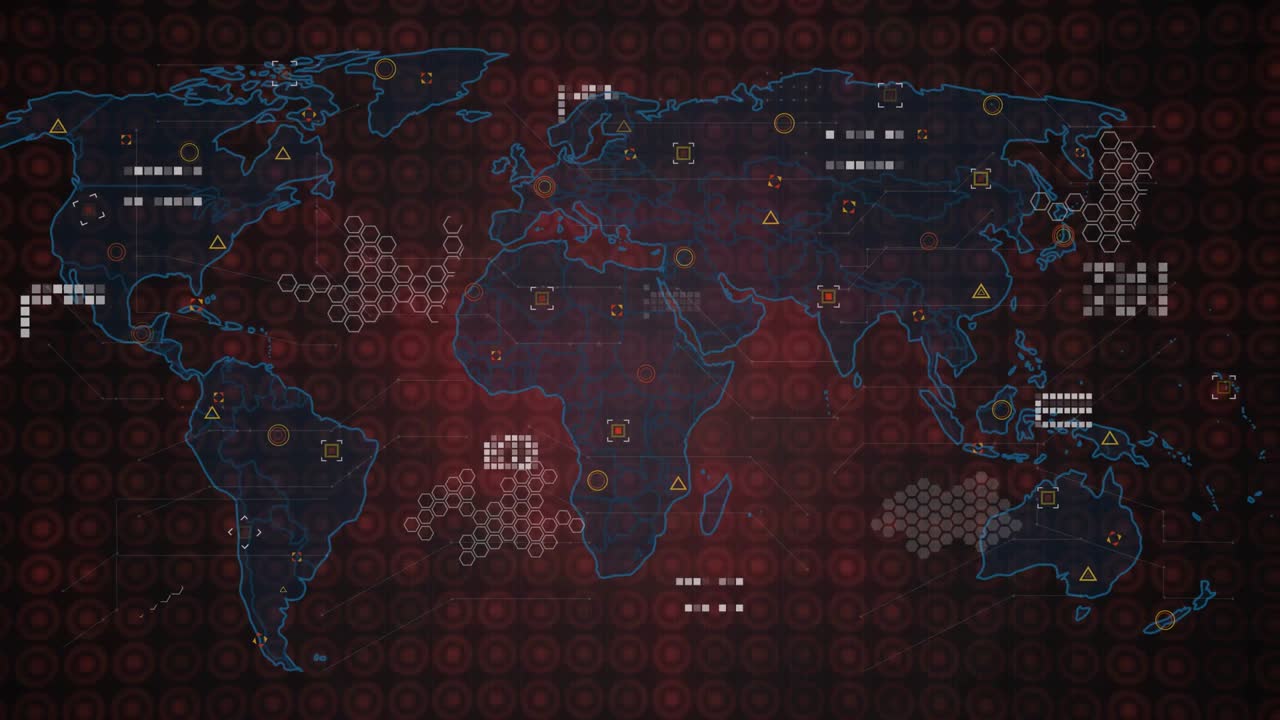 World map expanding from blue Americas outline, adding matrix and hex clusters, pulsing analytics