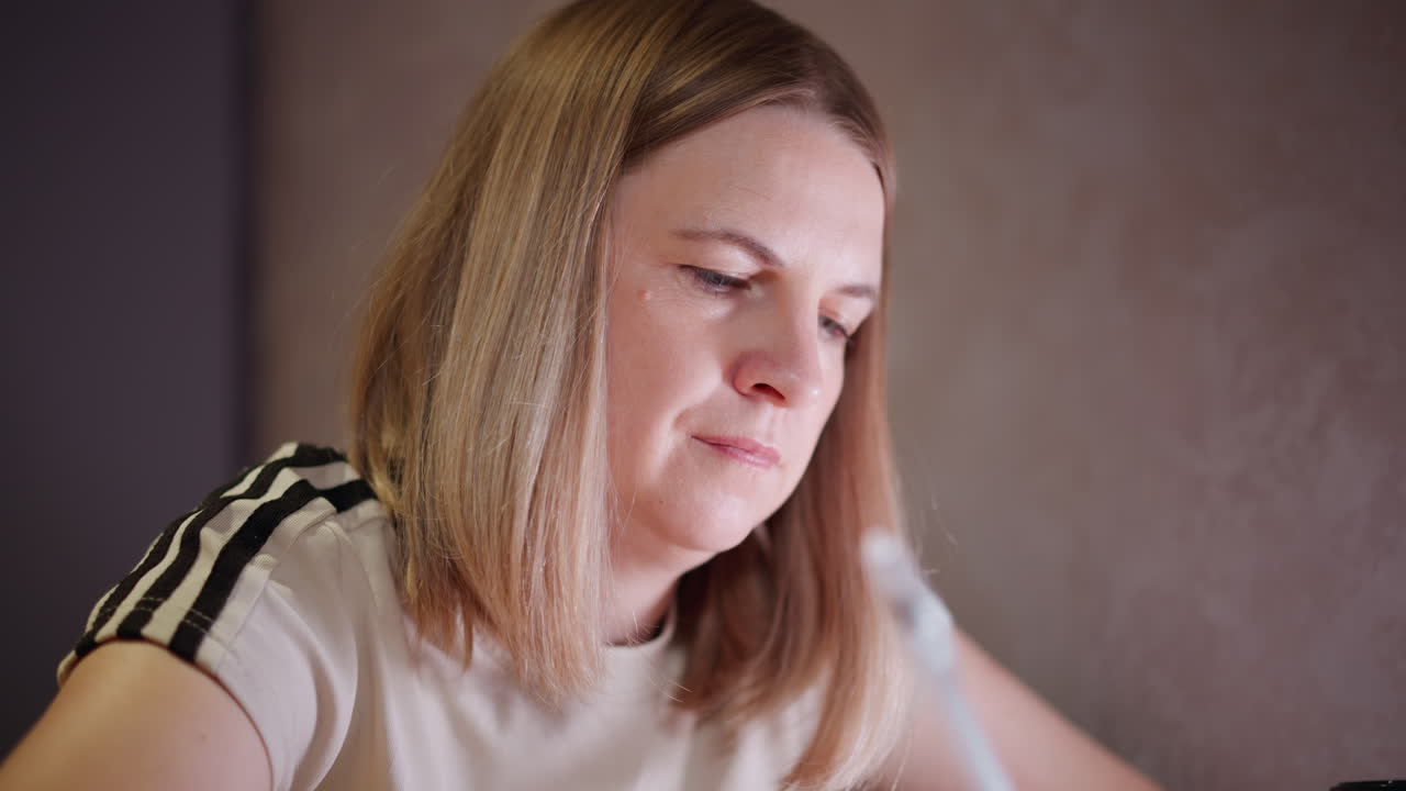 Close-up of woman with serious focused expression looking upward in thought, contemplating ideas, reflecting on tasks, planning with determination, showing mindfulness, concentration, and inner focus