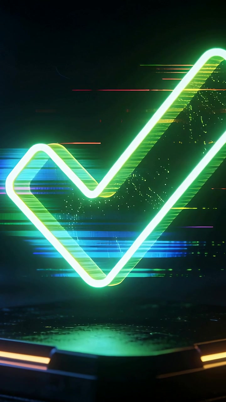 Vertical video: Animating on play neon green checkmark glowing on amber pod, RGB streaks