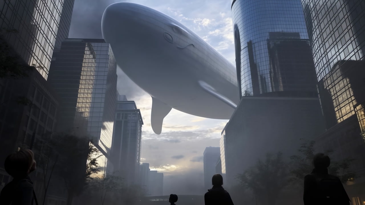 Giant Airship Hovers Above Downtown Skyline, Silhouetted Commuters Gaze Upward As Massive Zeppelin Drifts