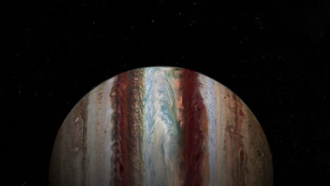 compuesto cgi: volando sobre el planeta júpiter con un fondo estrellado