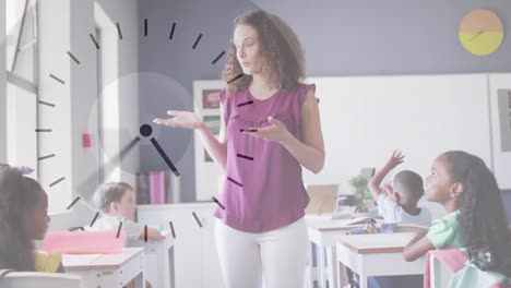 animation of clock over happy diverse female teacher explaining to pupils in class